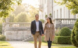 Professional portrait of a happy couple walking hand-in-hand in an elegant outdoor setting, soft natural light, warm and inviting corporate style photography.”