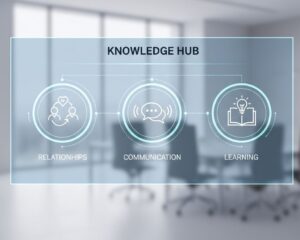 Clean corporate graphic of a knowledge hub interface with icons for relationships, communication, and learning, bright neutral palette.