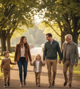 Portrait of a multi-generation family walking together outdoors, smiling and interacting naturally, captured in warm professional photography.