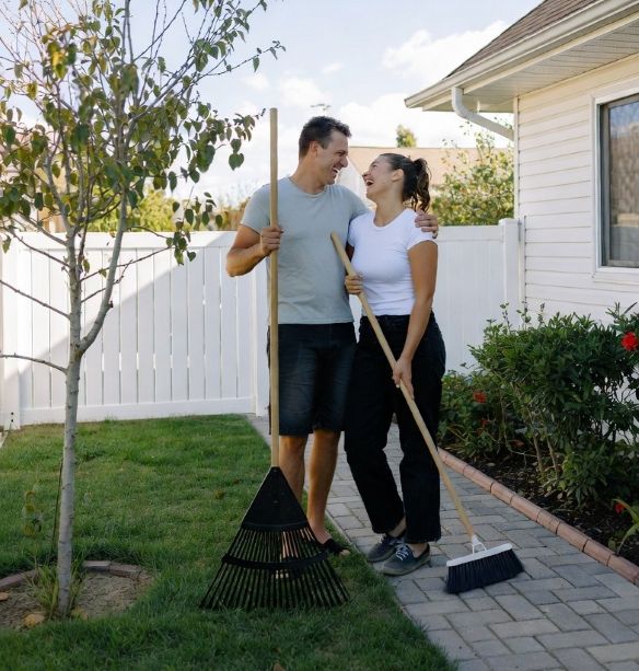 couple laughing while cleaning their front yard together on a sunny day